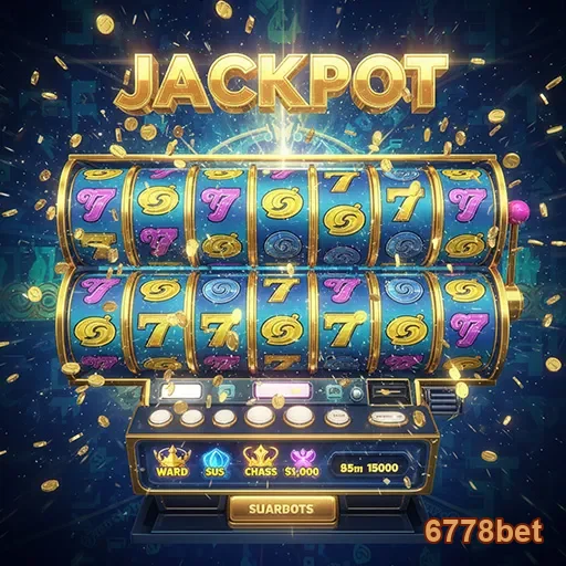 Máquina caça-níqueis com jackpot do site 6778bet, exibindo símbolos e rodando os rolos.